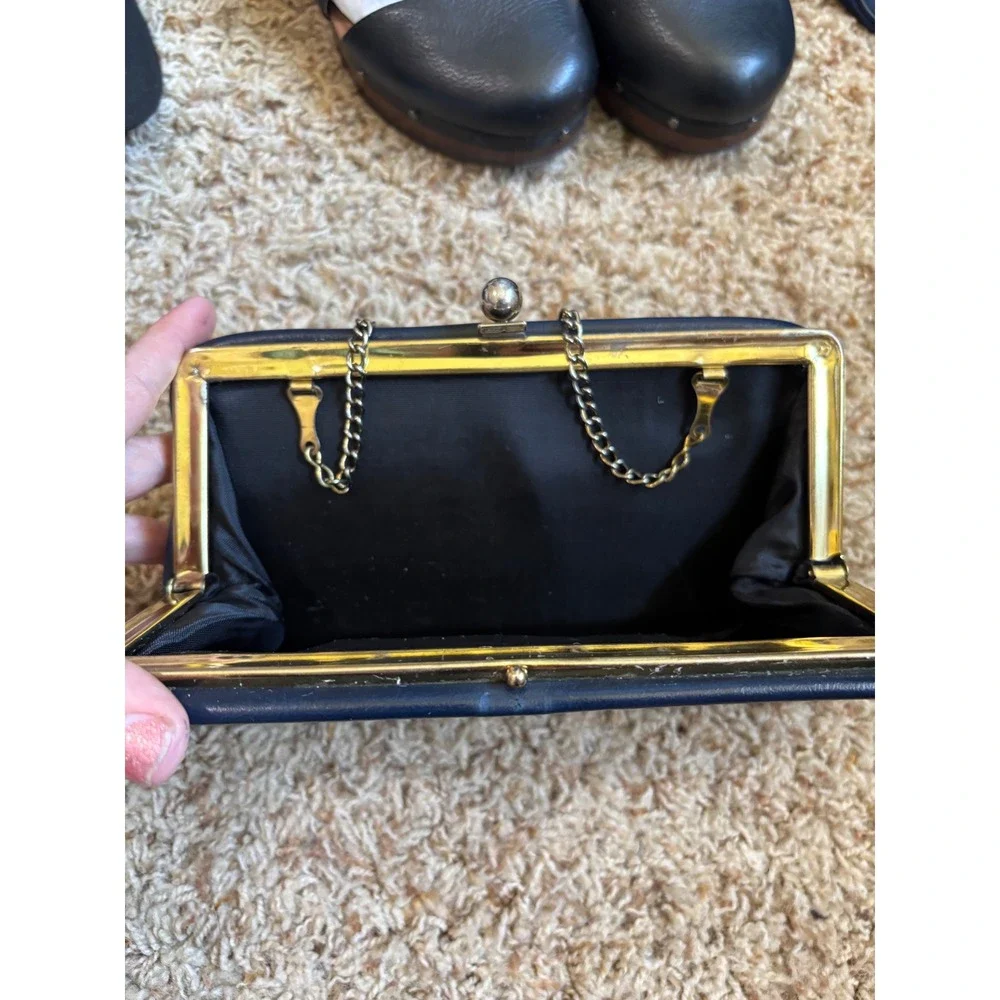 Vintage Clutch Purse Small Navy Blue Faux Leather Kiss Lock Chain Strap 1960s